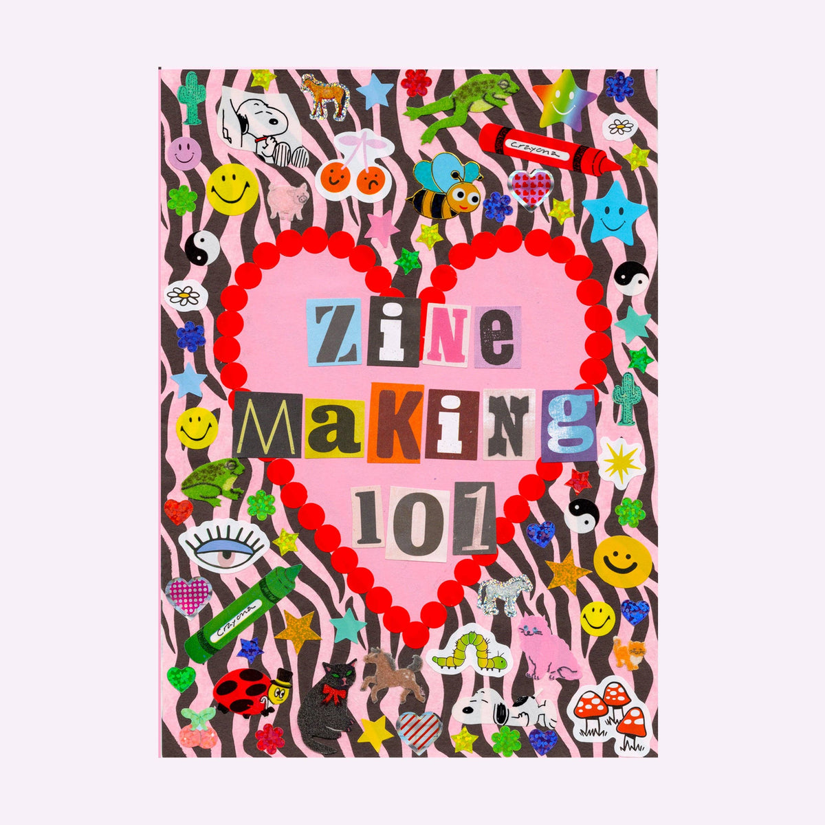 Zine Making 101 zine cover with colorful illustrations and text on a pink background