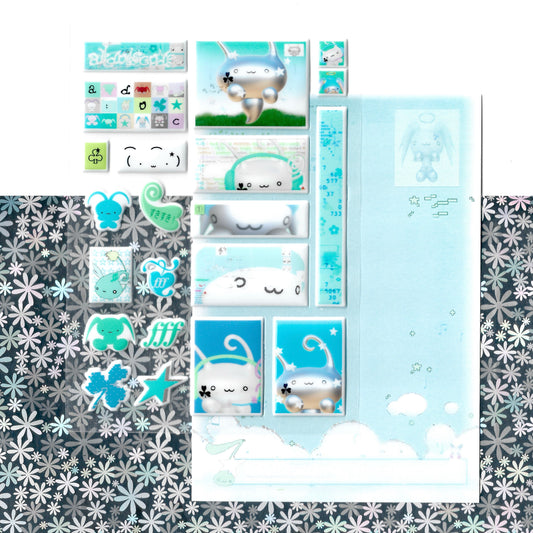 A sheet of pastel blue planner stickers featuring cute cartoon animals, clouds, stars, and decorative text stickers, displayed alongside a matching patterned backing sheet.