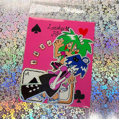 A sticker pack featuring anime-style characters with green and blue hair, surrounded by playing card symbols.