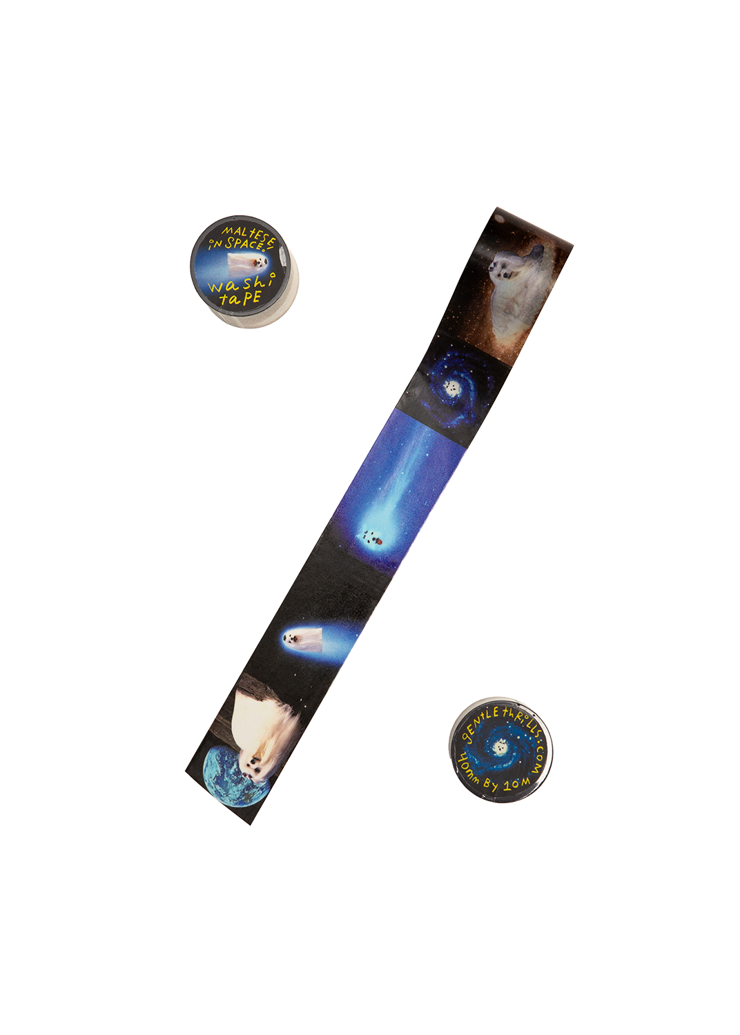 Tape with space-themed design and two circular labels on a white background