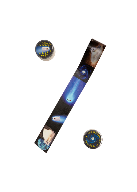 Tape with space-themed design and two circular labels on a white background